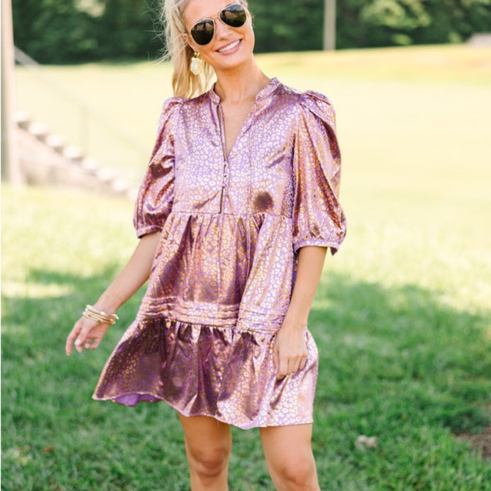 TCEC Metallic Purple Animal Print Puff Sleeve Babydoll Dress Western Boho Glam